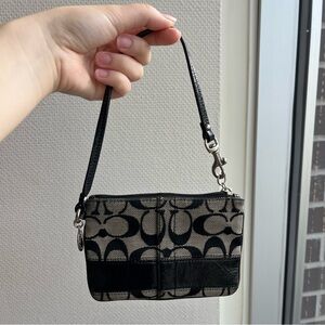 Coach Legacy Logo Signature Leather Stripe Black Canvas Wristlet!